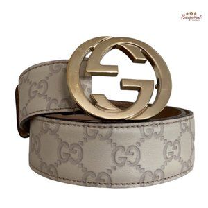 Authentic Gucci Cream Guccissima Leather Gold Interlocking G Buckle Belt 85/34